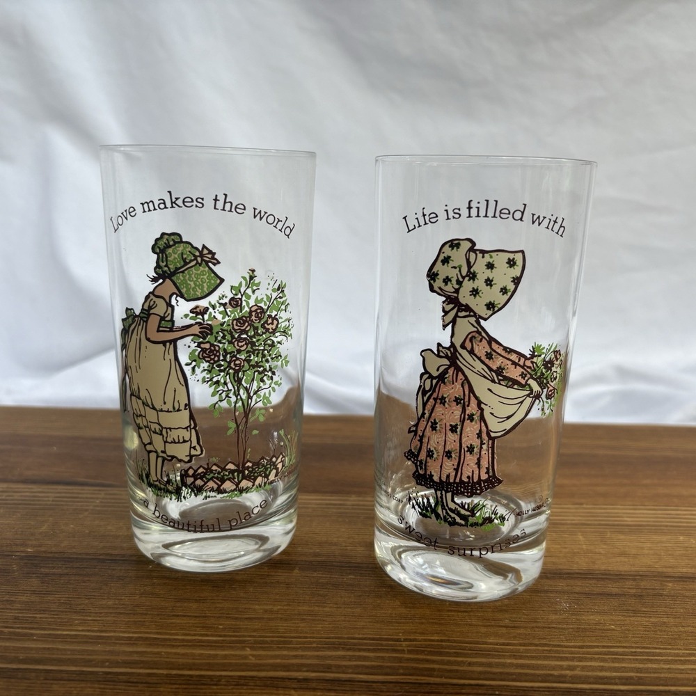 Vintage Holly Hobbie American Greetings Set of 2 Drinking Glasses Tumblers